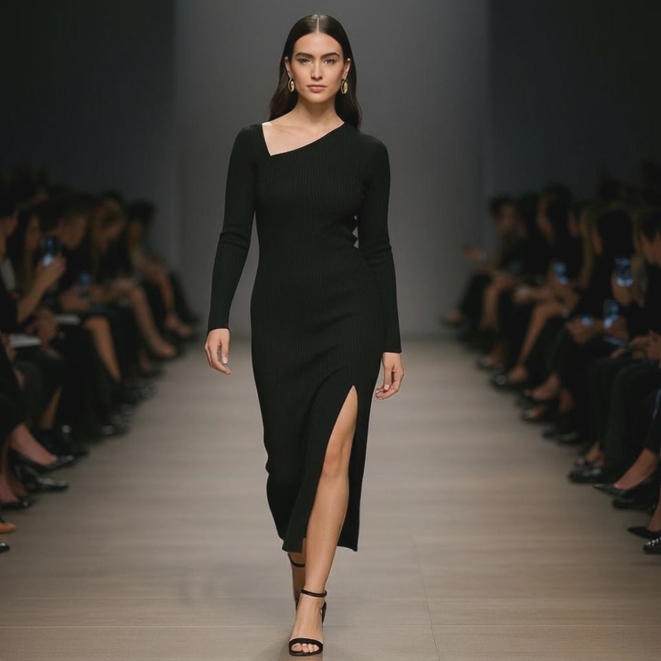 A New Day - Black Ribbed Midi Dress - Size M - Style - slimming - functional