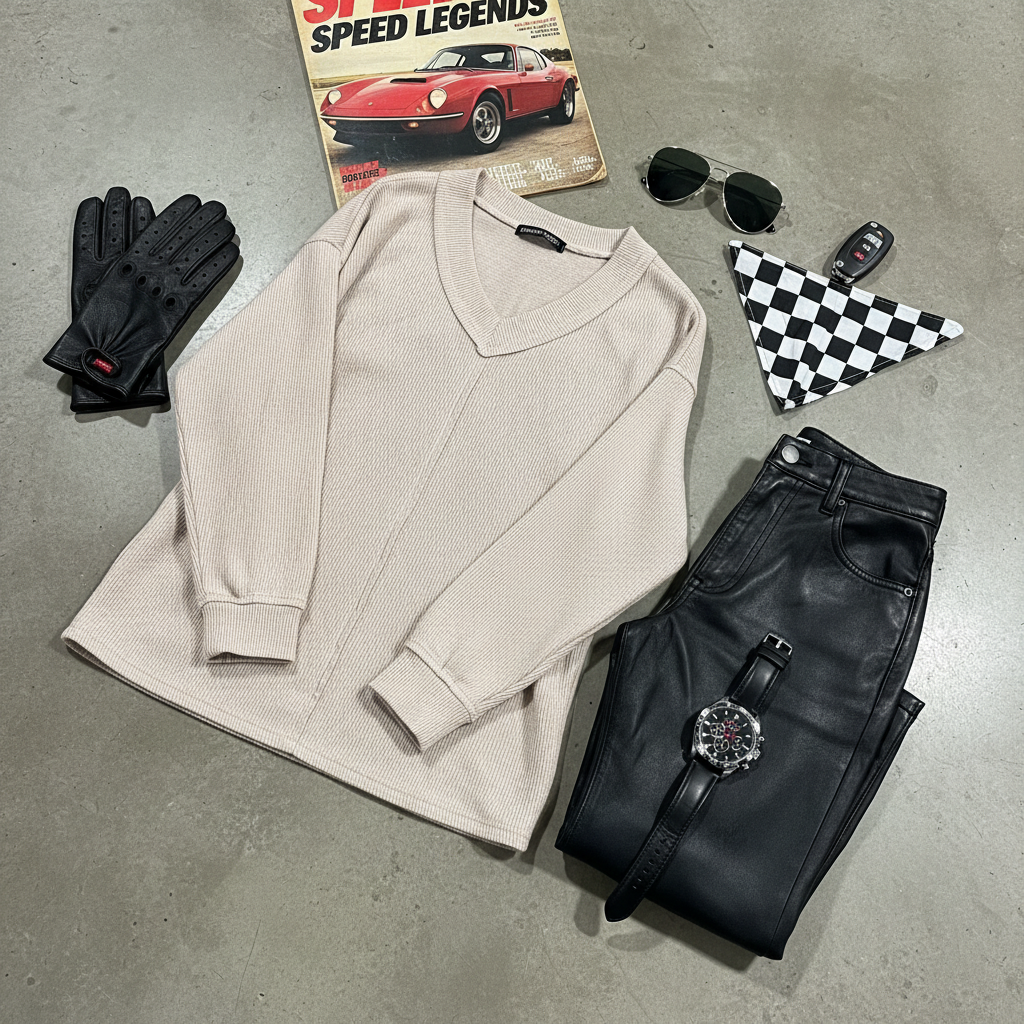 Tan Oversized Ribbed V-Neck Top with Exposed Seaming - Size L - going to the racetrack