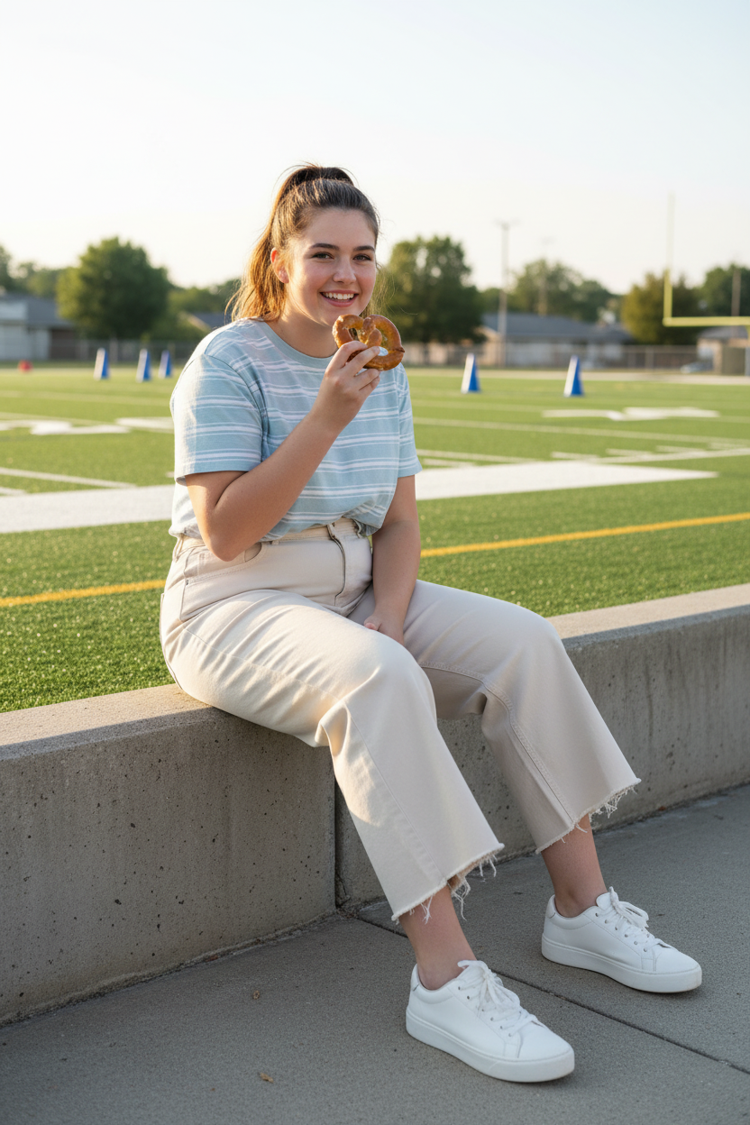Realistic size 12 teen sitting on football field wall in cream jeans
