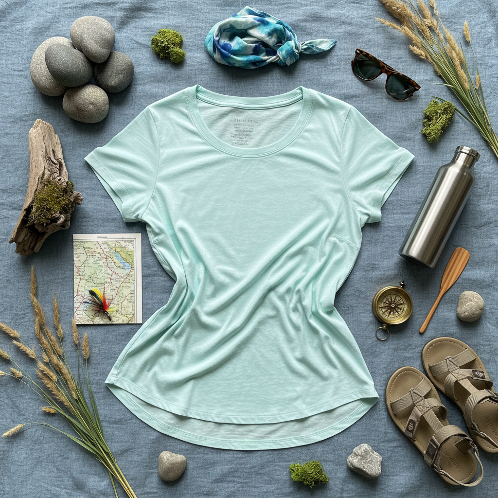 River themed flat lay of mint athletic tee