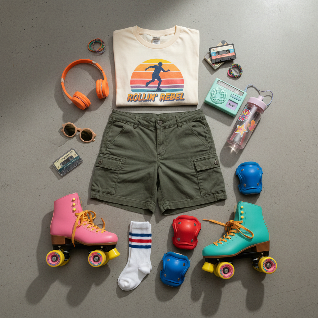 Roller blades themed flat lay of cargo shorts
