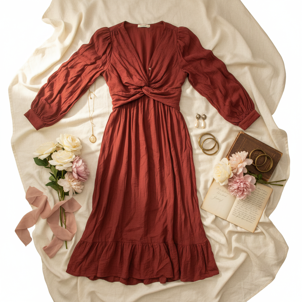 Romantic flat lay of sienna-red dress