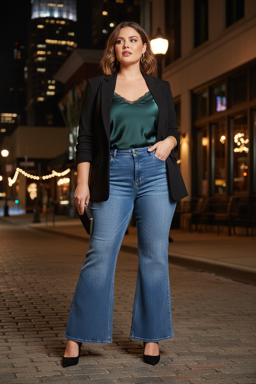 Sophia Jeans - Medium Blue Wide Leg Jeans - Size 12 - Size 12 woman in wide-leg jeans with heels and blazer for evening