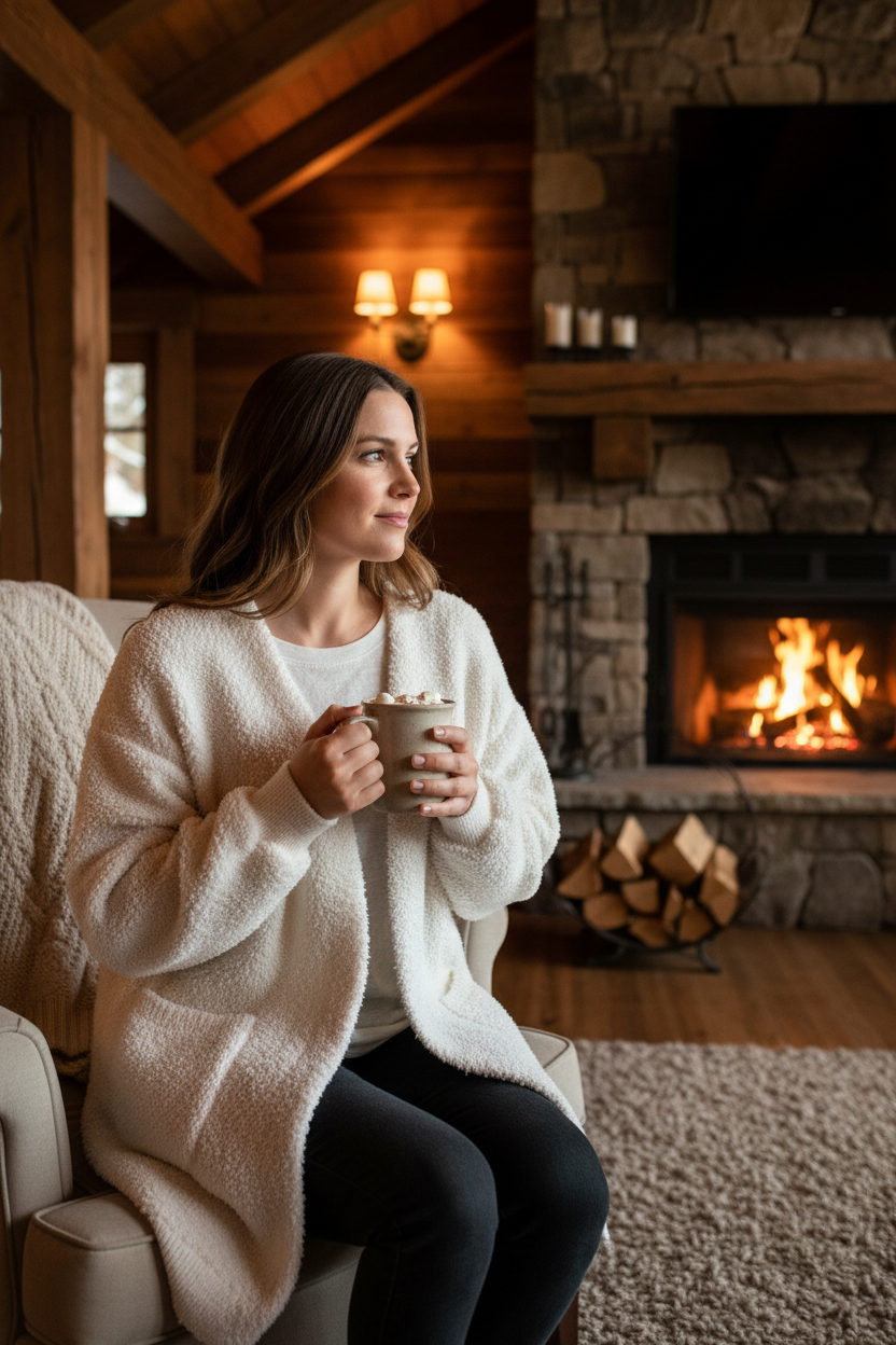 Plushie Cozy - Ivory Fuzzy - Size L model in ski lodge by fire wearing ivory Sherpa cardigan