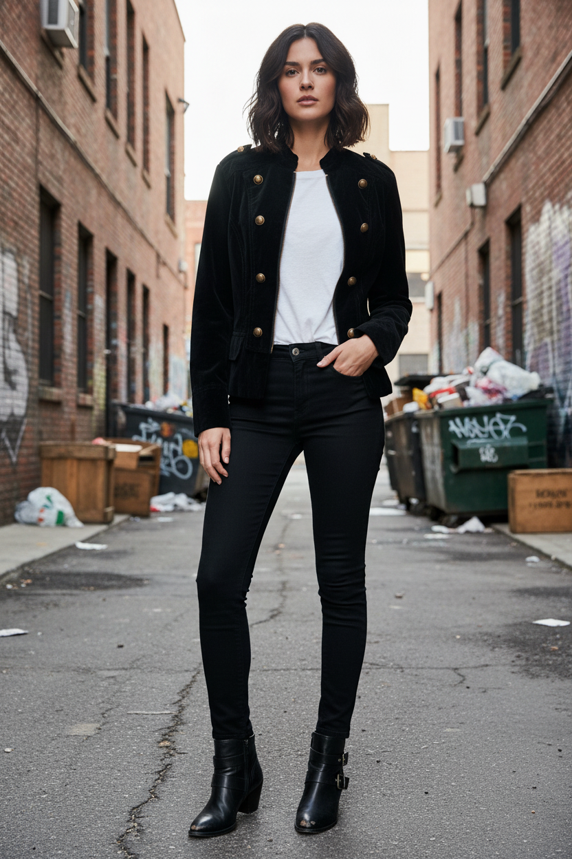 Apartment 9 - Black Velvet Military Bomber Jacket Size 8 - Skinny jeans and ankle boots - Rockin it in Queens