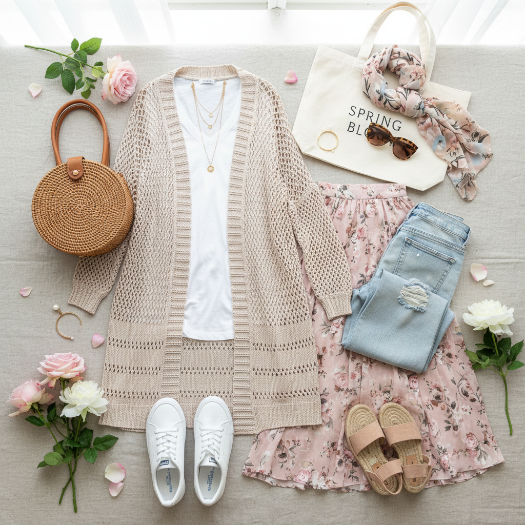 Spring Flat Lay Styling with Lattice Cardigan