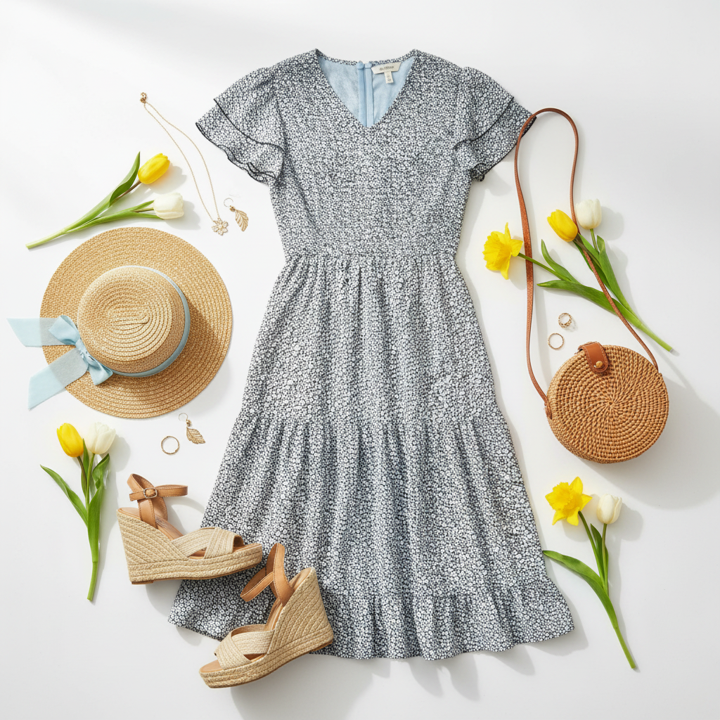 Orange Creek L.A. - Black & Light Blue Floral Midi Dress - Size L - Spring styling flat lay