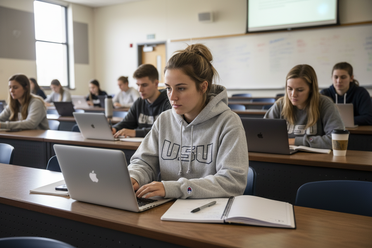 Champion Reverse Weave - Utah State University Hoodie - Gray - Size M Student in Utah State classroom