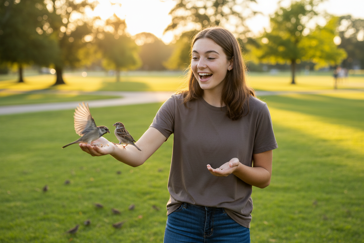Teen girl feeding birds at the park in brown Lululemon t-shirt.  short Sleeves