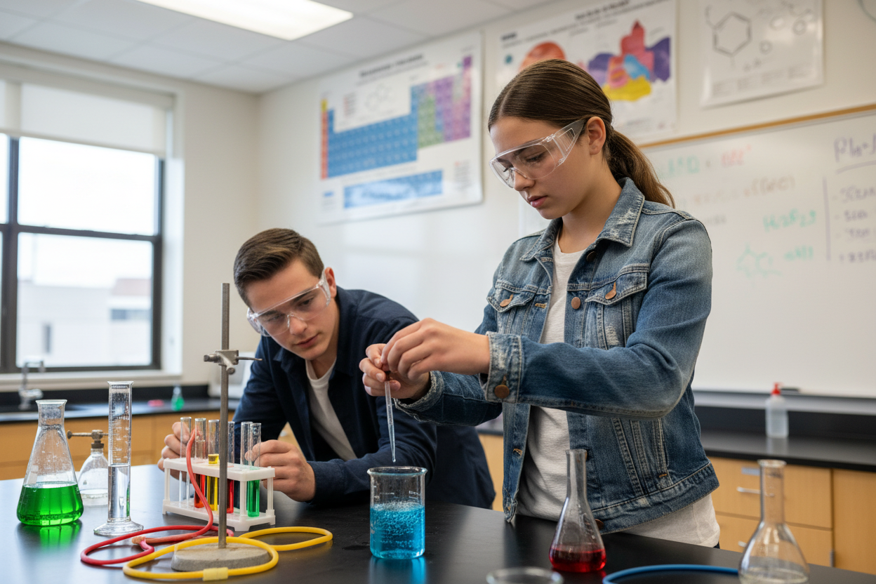 Fidelity Denim - Distressed Denim Jacket with Copper Buttons - Size XS Teen in science lab wearing Fidelity Denim jacket