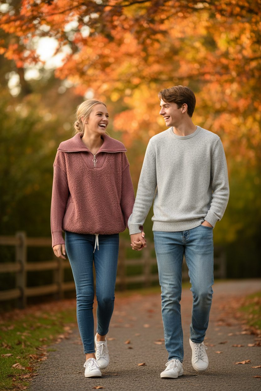 Teenage couple holding hands, girl wearing dusty rose Varley sherpa jacket