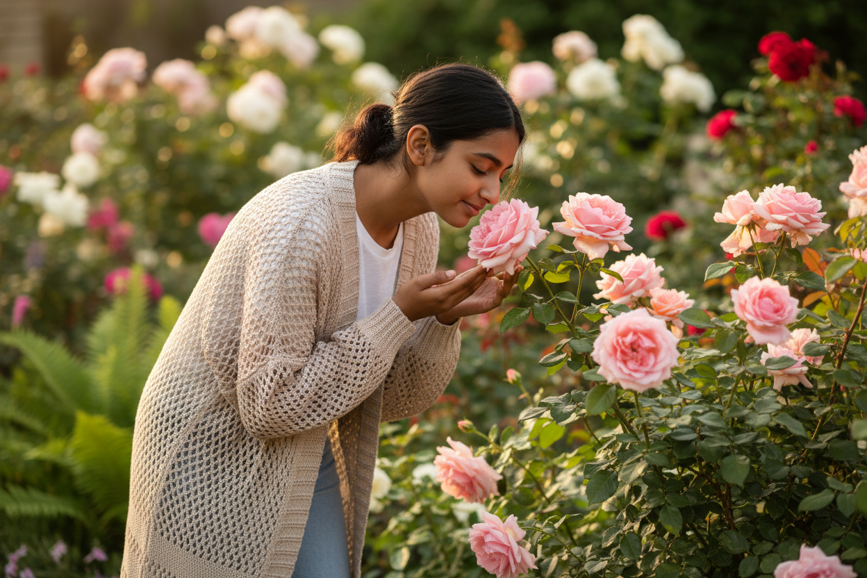 Teenage Indian woman in lattice knit sweater smelling roses