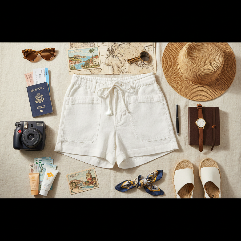 Travel themed flat lay of white linen shorts