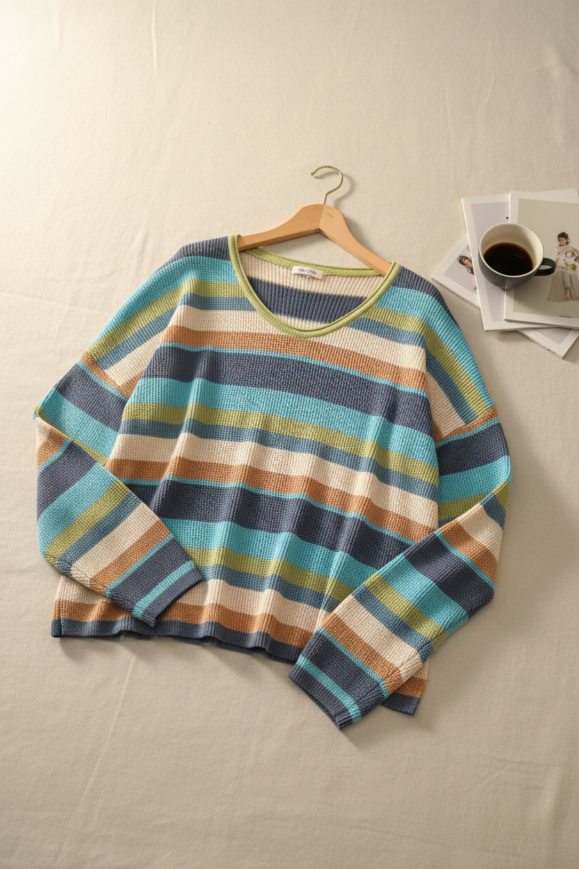 Tribal striped sweater long sleeve side view — teal green camel ivory blue