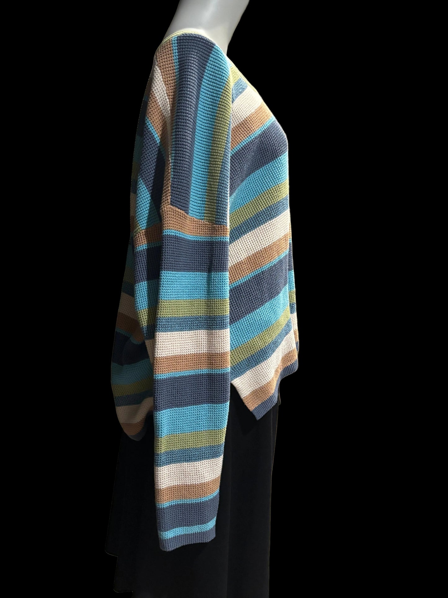 Tribal striped sweater long sleeve side view — teal green orange ivory side view