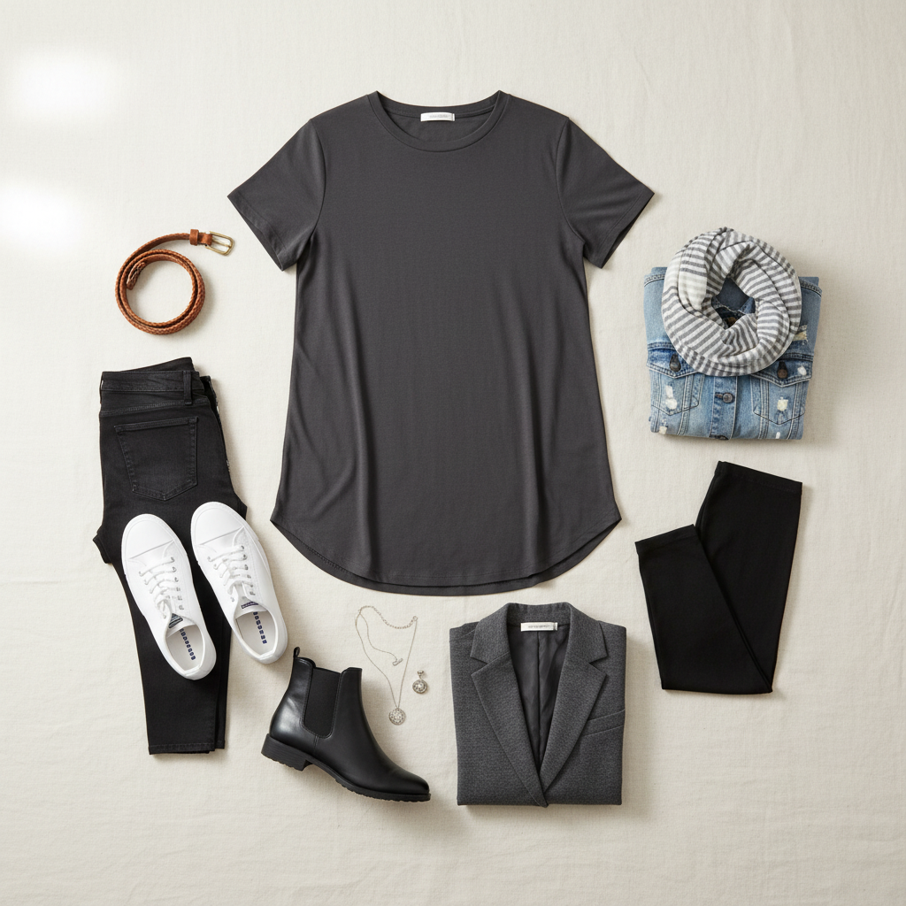 Versatile styling flat lay of charcoal tunic