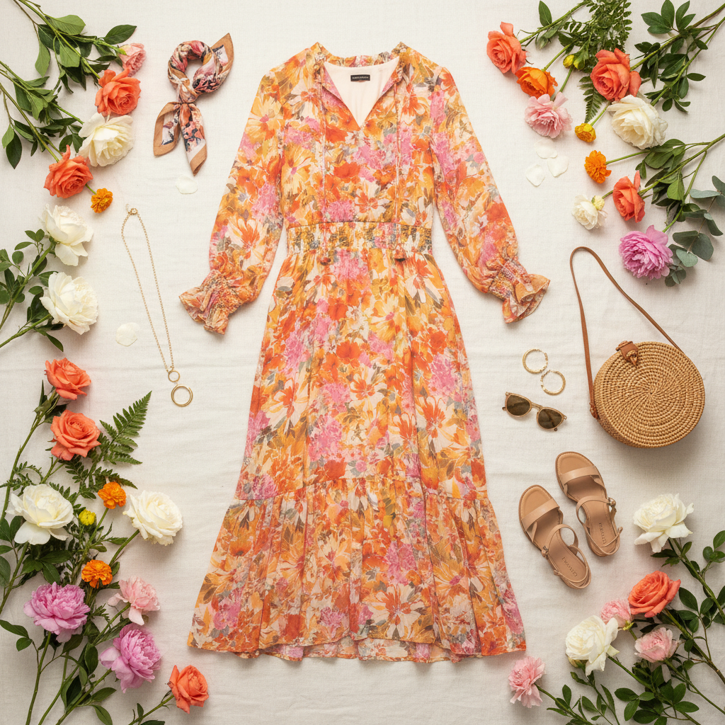 Vibrant blooms flat lay of floral maxi dress