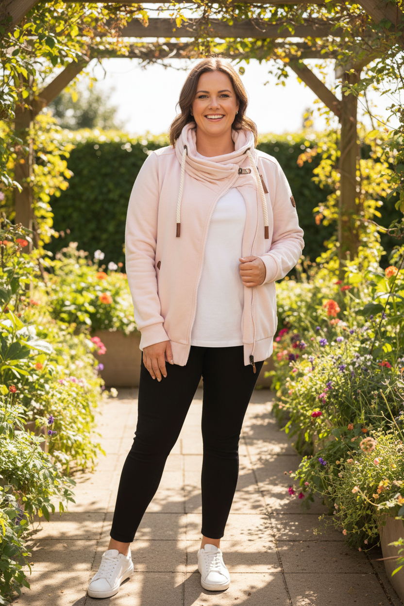 Wanakome pink jacket elevated athleisure look, asymetrical zip