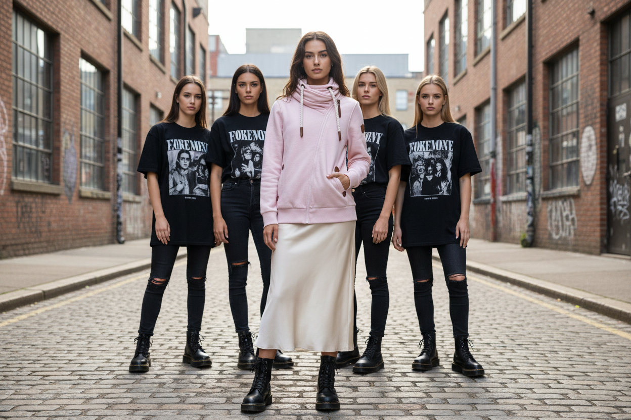 Wanakome - Powder Pink Asymmetrical Zip Jacket, teen and friends being cool