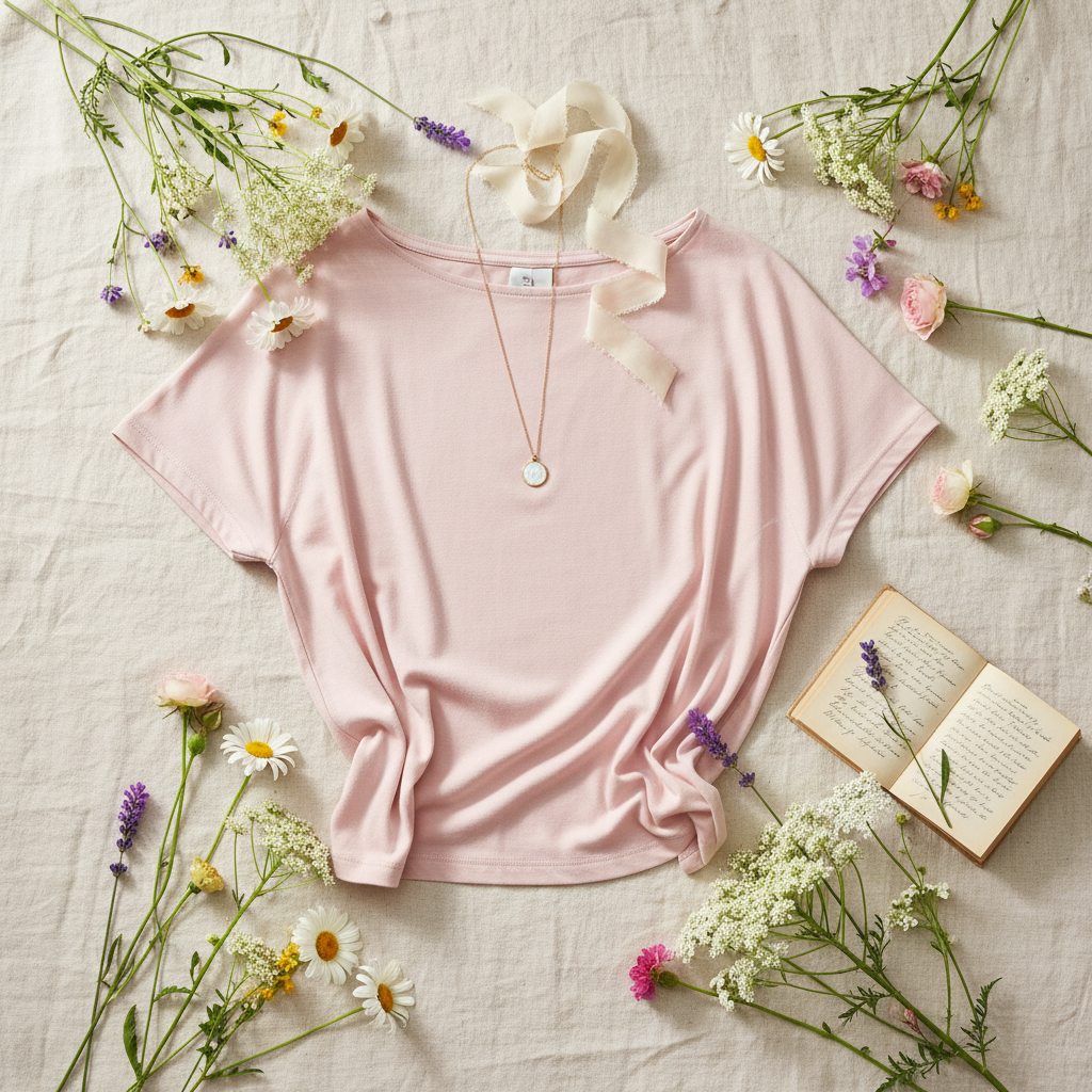 Wildflower flat lay of light pastel pink tee