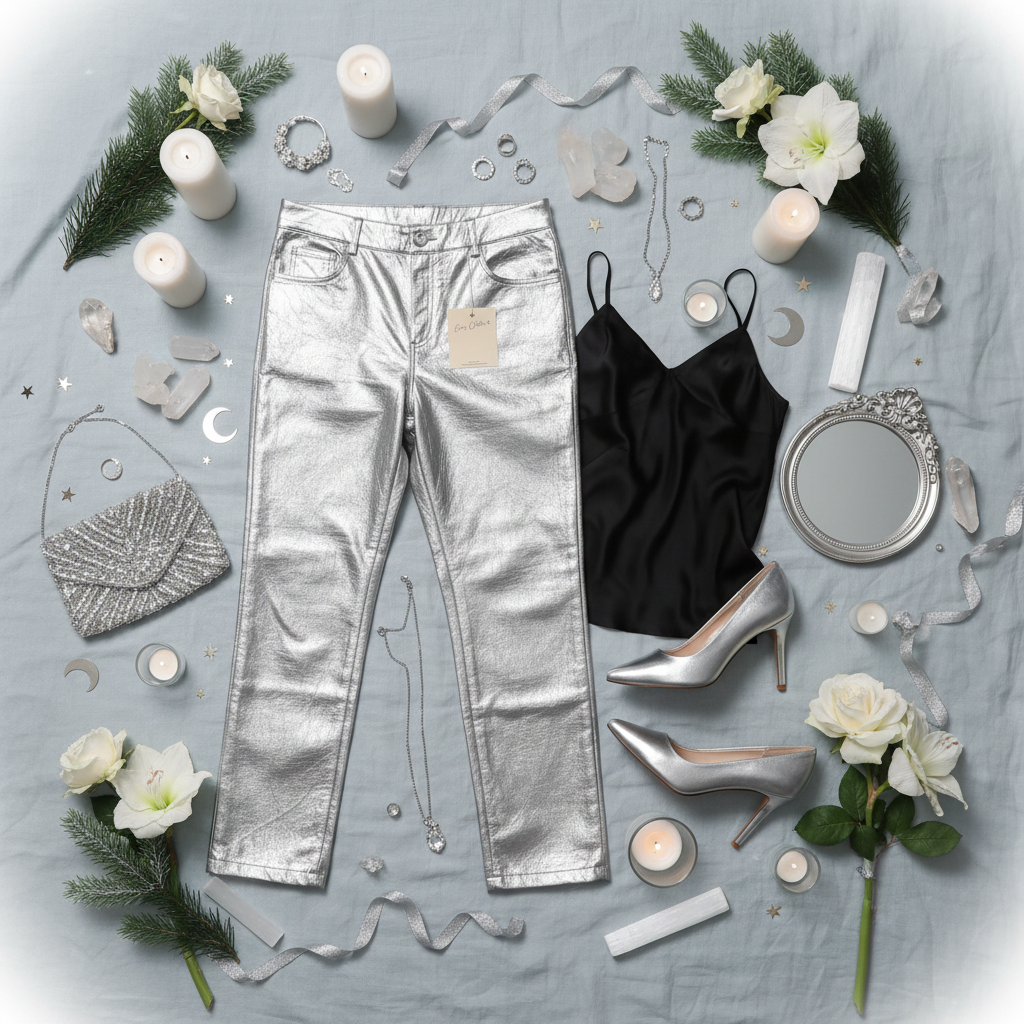 Winter solstice themed flat lay of metallic silver pants
