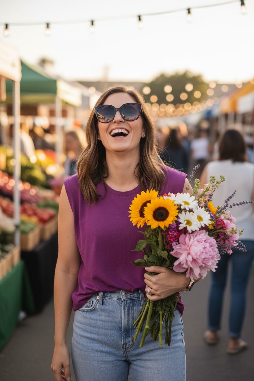 Woman at farmers market in orchid purple tank top