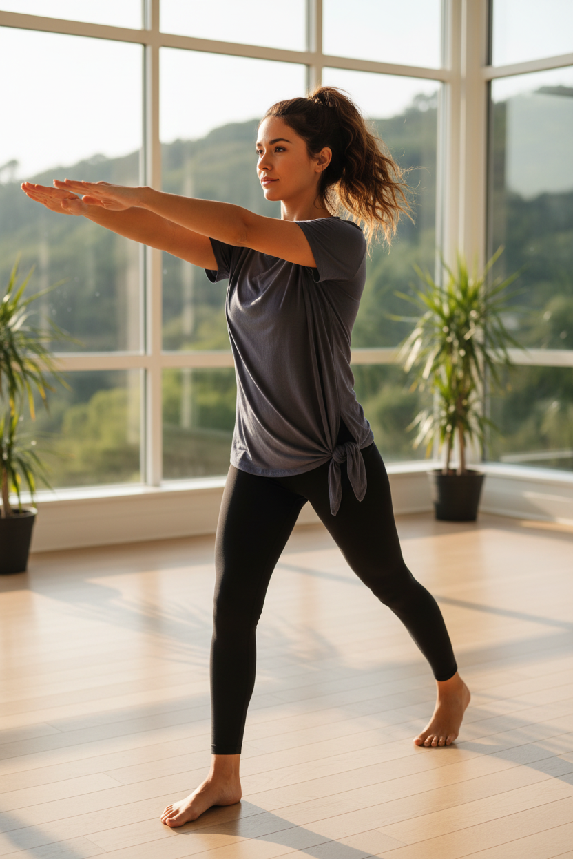 Woman in athletic activity wearing grey Calia t-shirt