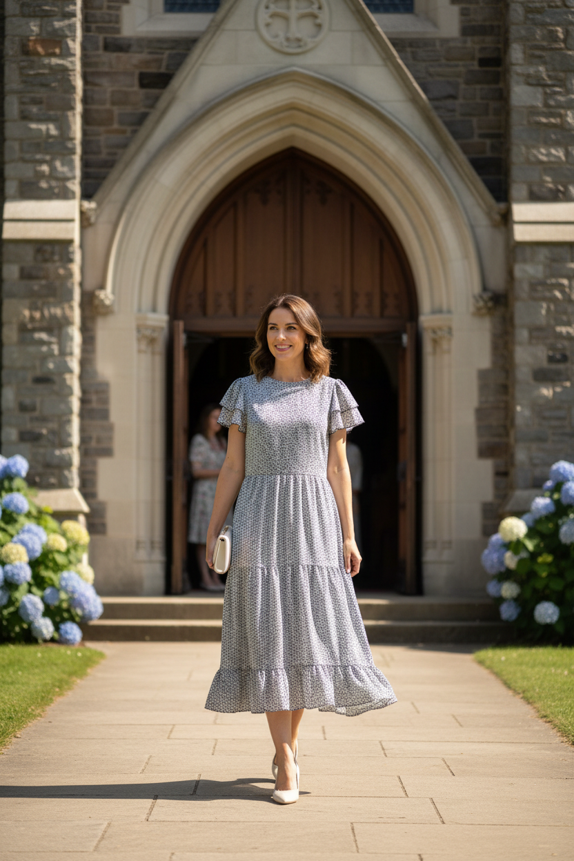 Orange Creek L.A. - Black & Light Blue Floral Midi Dress - Size L - Woman in light blue floral dress at church