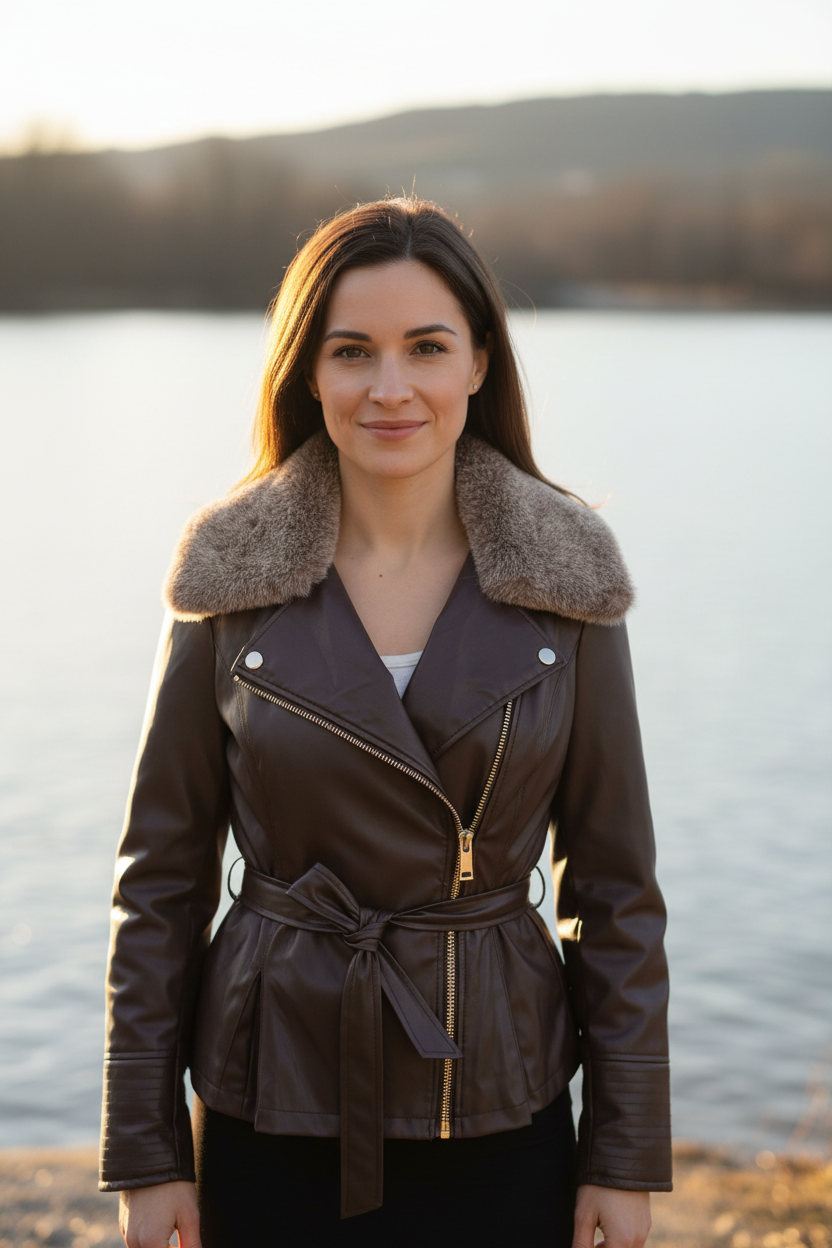 Guess - Chocolate Brown Faux Fur & Leather Moto Jacket - Size S - beautiful shimmery faux leather, Moto style