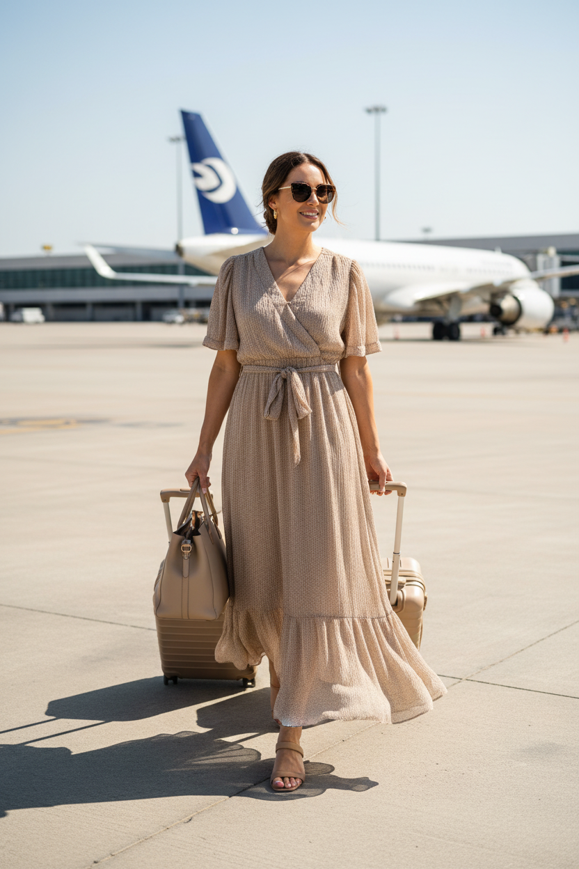 Orange Creek L.A. - Tan Floral Crinkle Chiffon Maxi Dress - Size L Woman very comfortable in hot, windy weather.