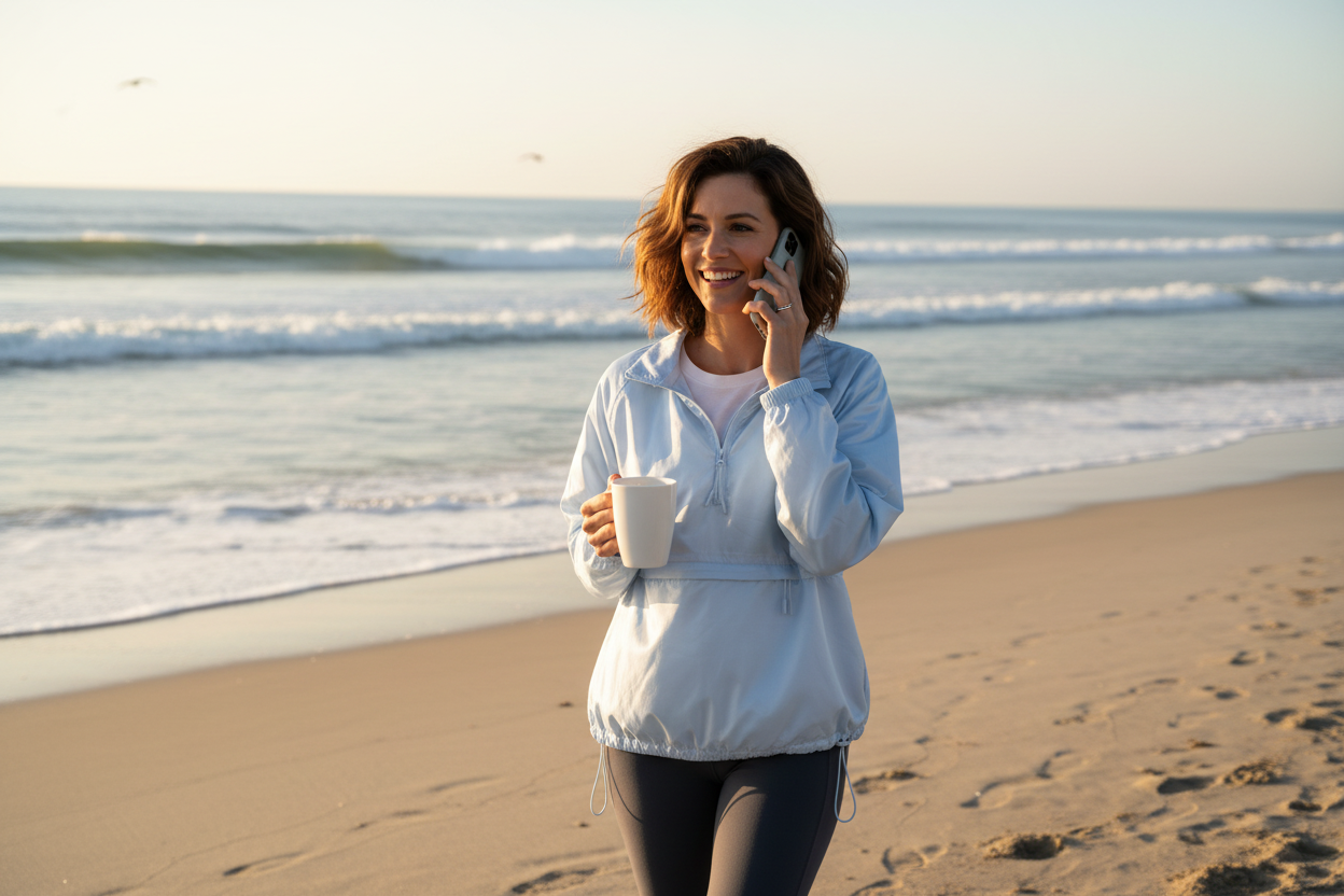 Mono B | Light Blue Half-Zip Mesh Windbreaker Jacket | Size L | NWT Woman on breezy beach 