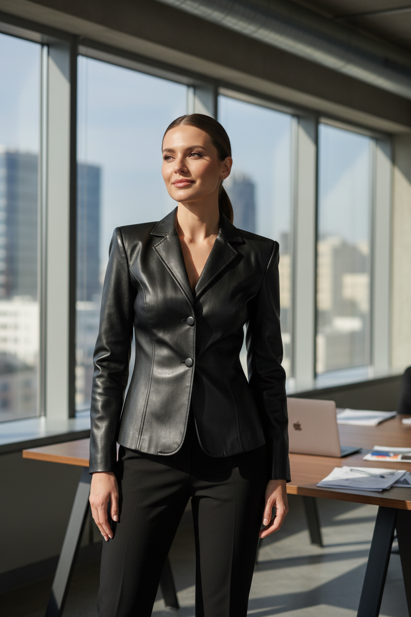 Woman wearing black faux leather jacket buttoned professionally H&M - Black Faux Leather Single Breasted Jacket - Size M