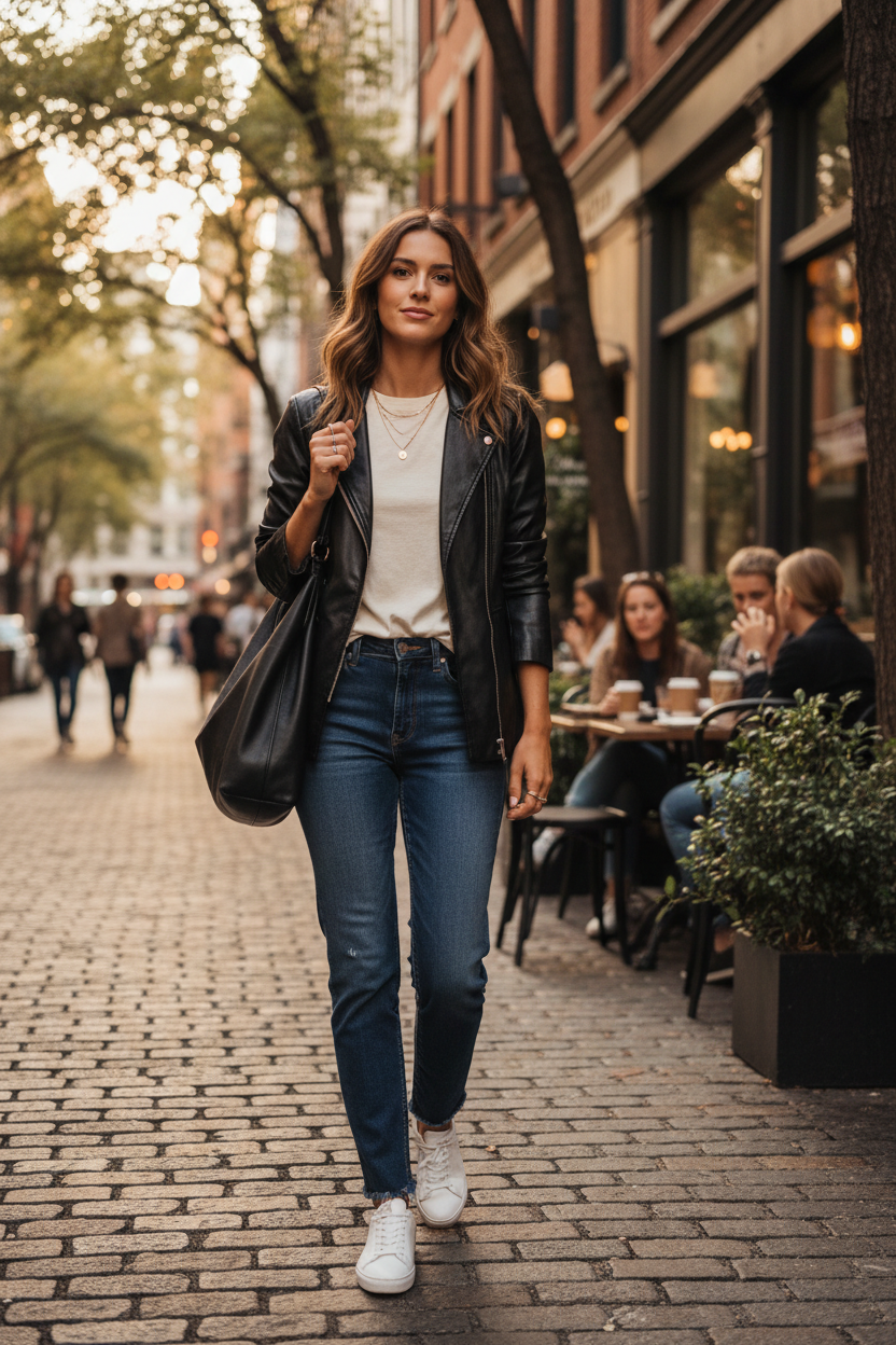 Woman wearing black faux leather jacket casually - vegan leather - H&M - Black Faux Leather Single Breasted Jacket - Size M
