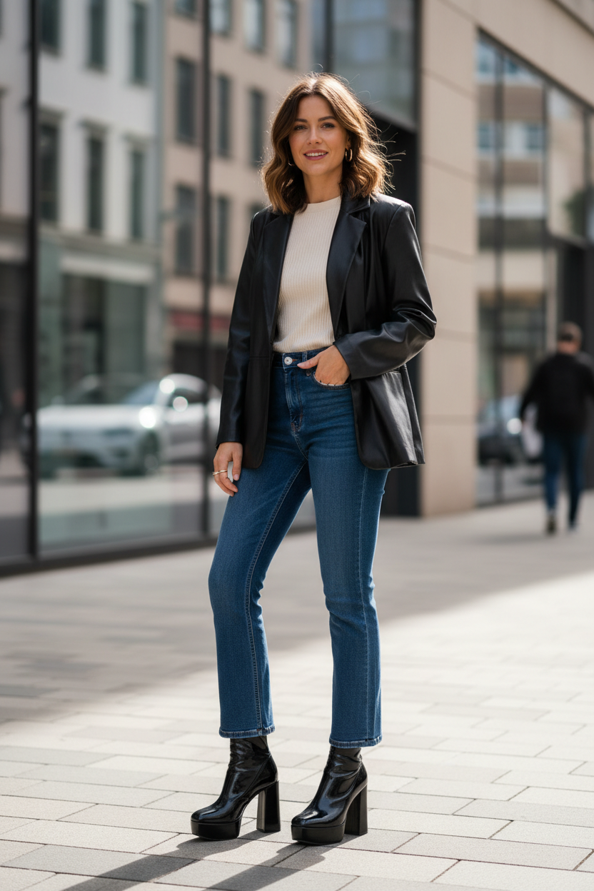 Woman wearing black faux leather jacket with flare jeans and platform shoes - H&M - Black Faux Leather Single Breasted Jacket - Size M
