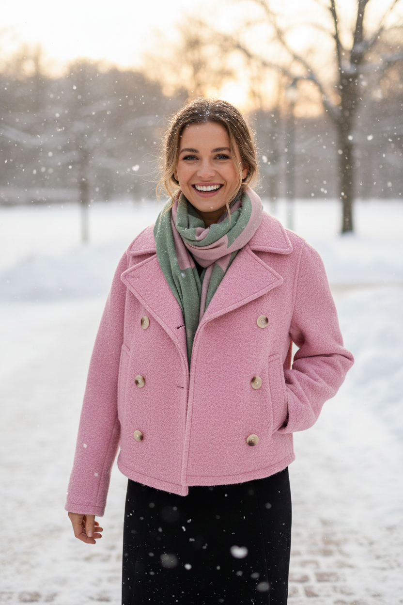Woman wearing cropped pink peacoat in snow with scarf - correct length - confident and cute