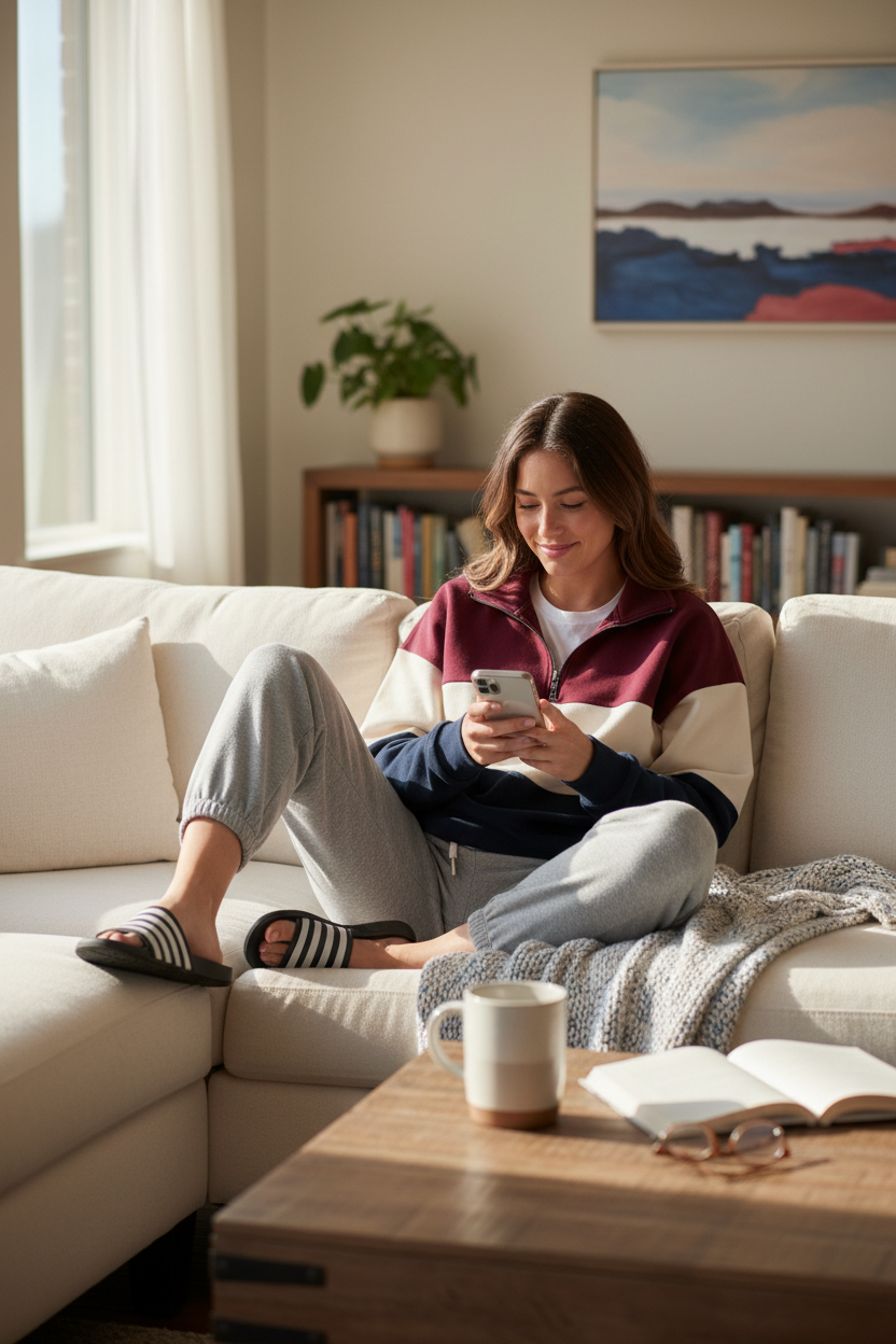 L.A. Hearts - Mauve, Cream & Navy Colorblock Quarter-Zip Sweatshirt, Size S Woman wearing maroon colorblock quarter-zip lounging
