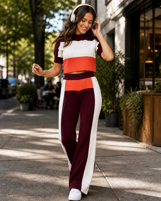 New without tags YLLW Ryder cotton flare pants with a ribbed pull-on waist and playful retro colorblocking