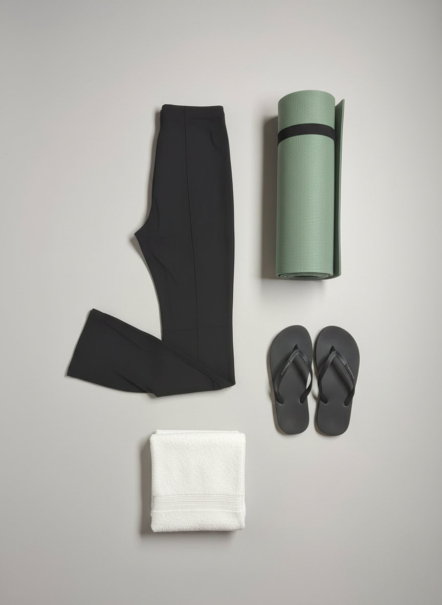 Yoga styling flat lay with black flare pants, yoga retro pants, pre-loved, favorite.